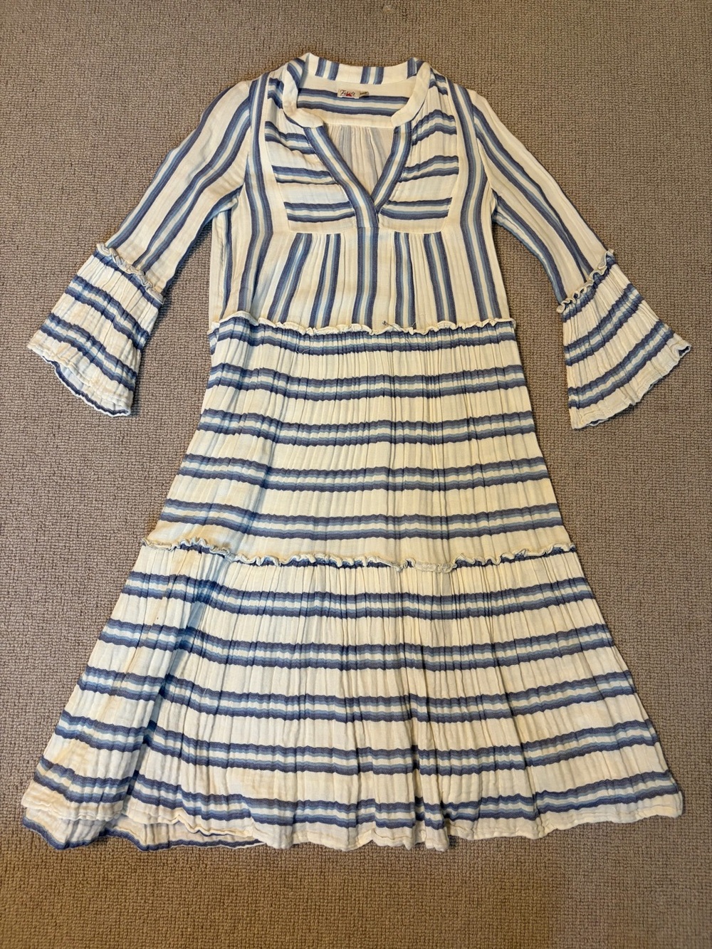 Faherty Cream and Blue Striped Tiered Maxi Dress (Size XXS)